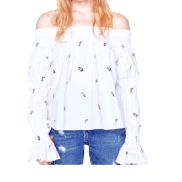 Zara Off the Shoulder White Floral Embroidered Long Ruffle Sleeve Boho Top - Picture 3 of 11